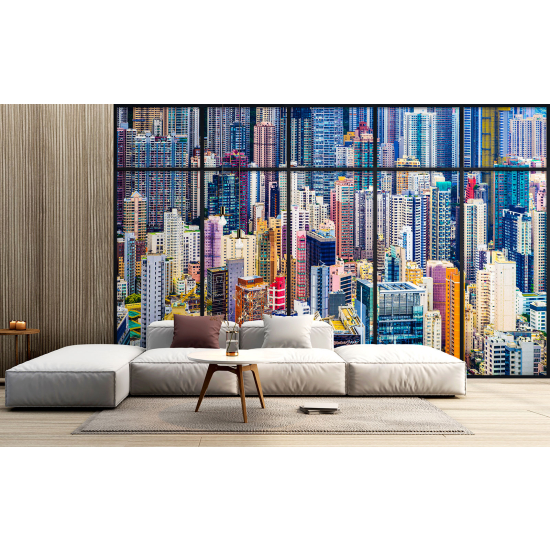 Optical Illusion Panoramic Window Wall Mural / Wallpaper - Colorful buildings