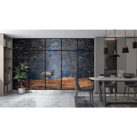 Optical Illusion Panoramic Window Wall Mural / Wallpaper - Deer path in the forest