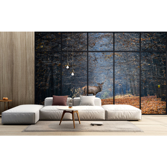 Optical Illusion Panoramic Window Wall Mural / Wallpaper - Deer path in the forest