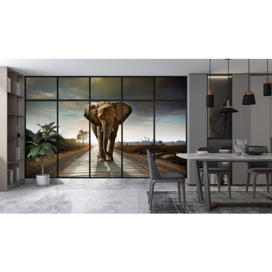 Optical Illusion Panoramic Window Wall Mural / Wallpaper - Elephant