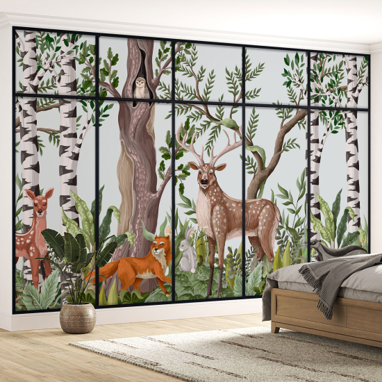 Optical Illusion Panoramic Window Wall Mural / Wallpaper for Kids - Forest Animals