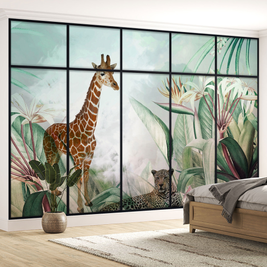 Optical Illusion Panoramic Window Wall Mural / Wallpaper for Kids - Jungle animals