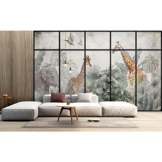 Optical Illusion Panoramic Window Wall Mural / Wallpaper for Kids - Jungle animals