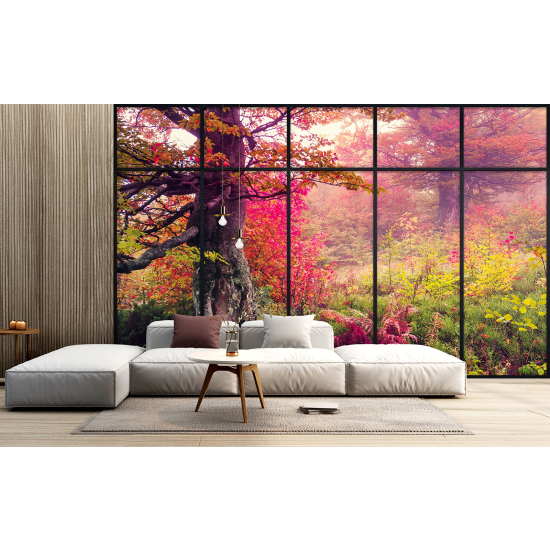 Optical Illusion Panoramic Window Wall Mural / Wallpaper - Forest