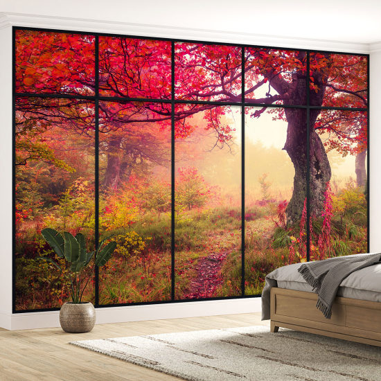 Optical Illusion Panoramic Window Wall Mural / Wallpaper - Forest