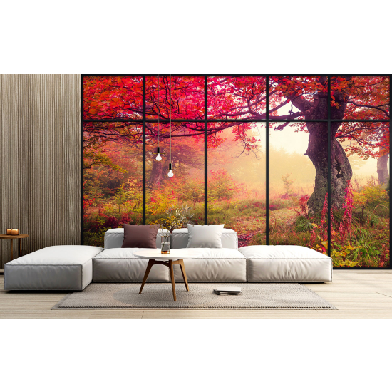 Optical Illusion Panoramic Window Wall Mural / Wallpaper - Forest