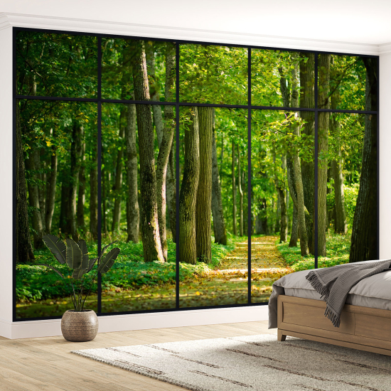 Optical Illusion Panoramic Window Wall Mural / Wallpaper - Forest path