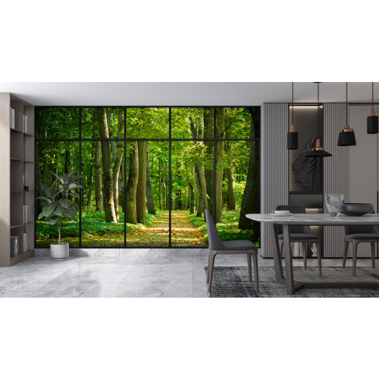 Optical Illusion Panoramic Window Wall Mural / Wallpaper - Forest path