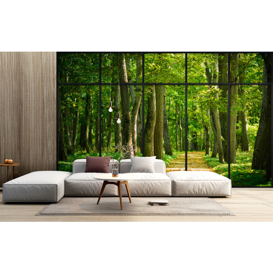 Optical Illusion Panoramic Window Wall Mural / Wallpaper - Forest path