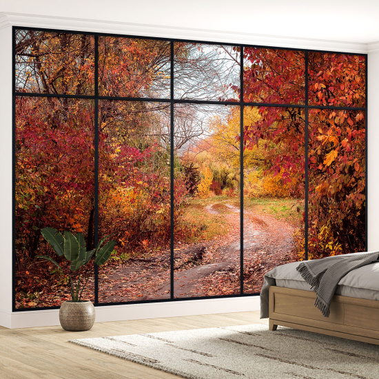 Optical Illusion Panoramic Window Wall Mural / Wallpaper - Forest path