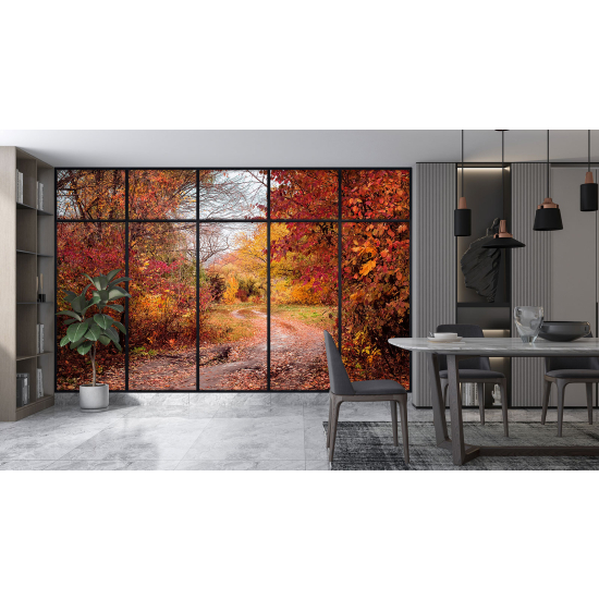 Optical Illusion Panoramic Window Wall Mural / Wallpaper - Forest path