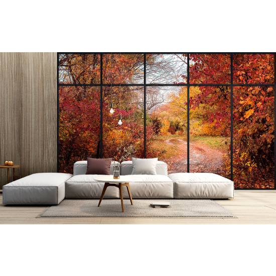 Optical Illusion Panoramic Window Wall Mural / Wallpaper - Forest path