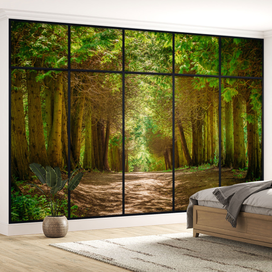 Optical Illusion Panoramic Window Wall Mural / Wallpaper - Forest path