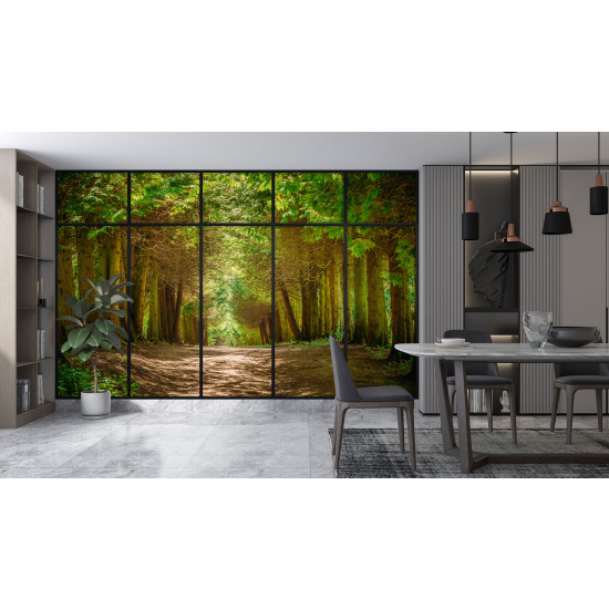 Optical Illusion Panoramic Window Wall Mural / Wallpaper - Forest path