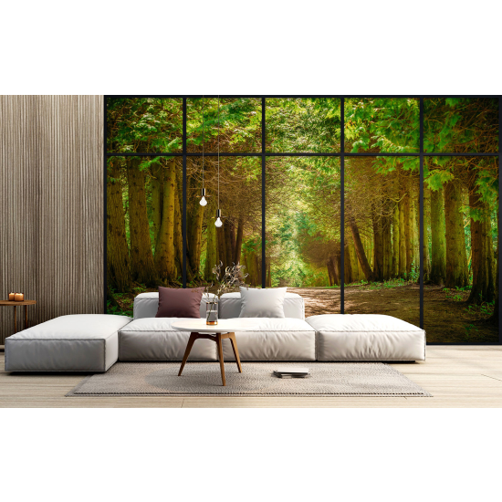 Optical Illusion Panoramic Window Wall Mural / Wallpaper - Forest path