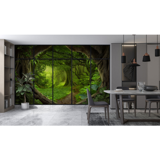 Optical Illusion Panoramic Window Wall Mural / Wallpaper - Forest path