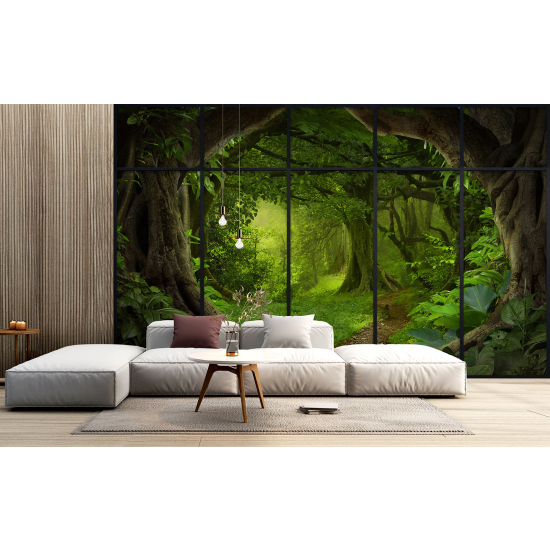 Optical Illusion Panoramic Window Wall Mural / Wallpaper - Forest path