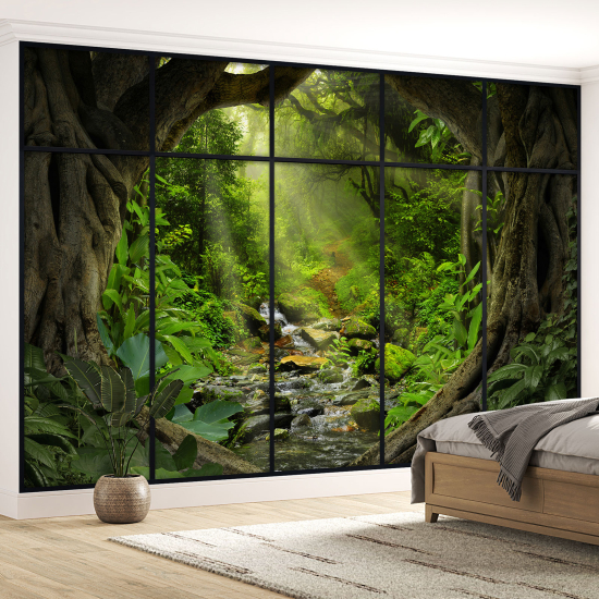 Optical Illusion Panoramic Window Wall Mural / Wallpaper - Forest path