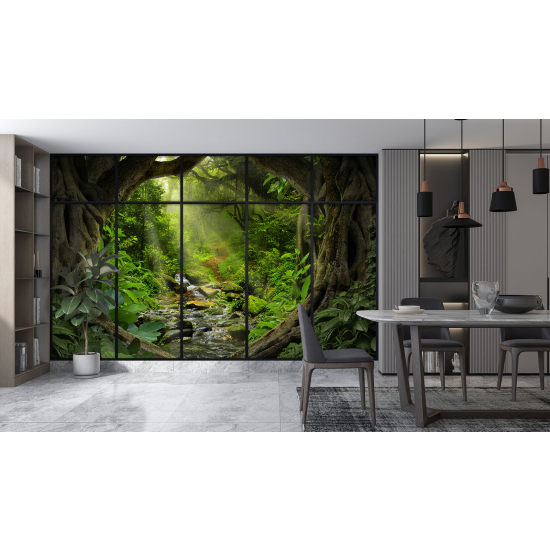 Optical Illusion Panoramic Window Wall Mural / Wallpaper - Forest path