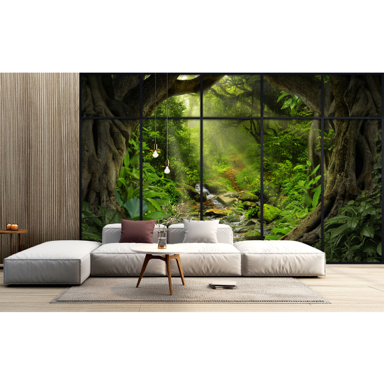 Optical Illusion Panoramic Window Wall Mural / Wallpaper - Forest path