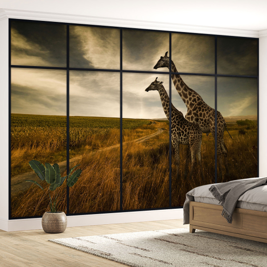 Optical Illusion Panoramic Window Wall Mural / Wallpaper - Giraffes