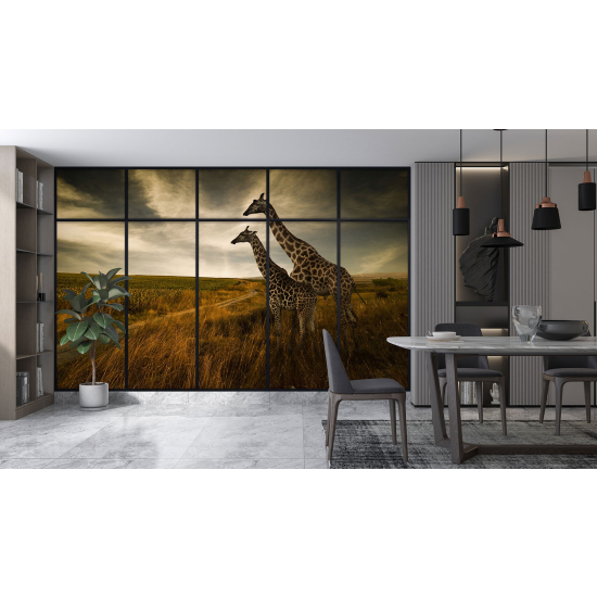 Optical Illusion Panoramic Window Wall Mural / Wallpaper - Giraffes