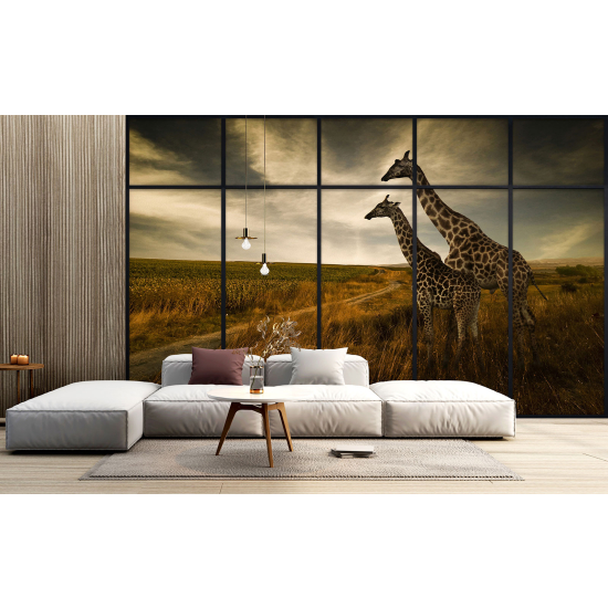 Optical Illusion Panoramic Window Wall Mural / Wallpaper - Giraffes