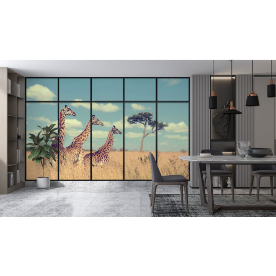 Optical Illusion Panoramic Window Wall Mural / Wallpaper - Giraffes