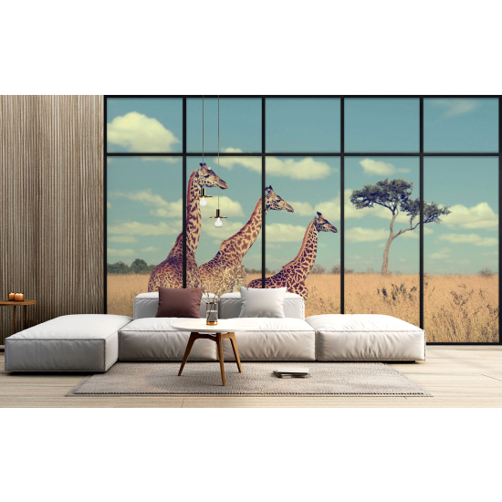 Optical Illusion Panoramic Window Wall Mural / Wallpaper - Giraffes