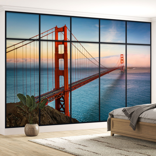 Optical Illusion Panoramic Window Wall Mural / Wallpaper - Golden gate