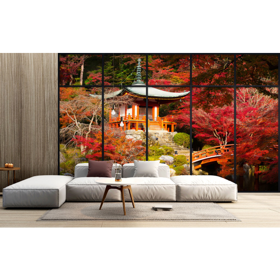 Optical Illusion Panoramic Window Wall Mural / Wallpaper - Japanese Temple