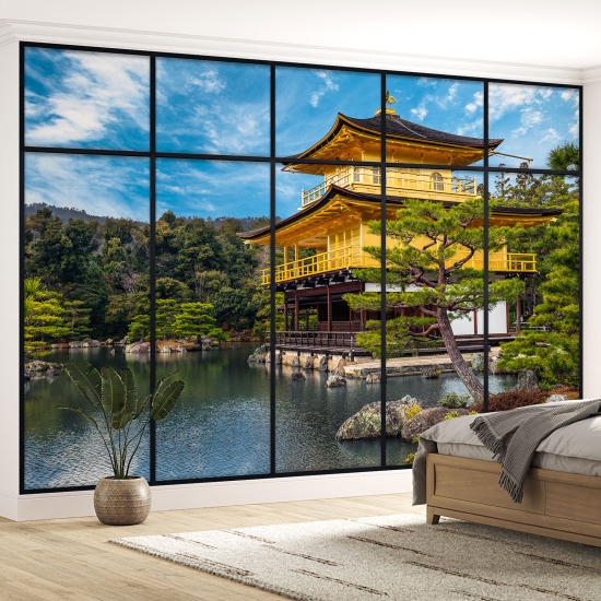 Optical Illusion Panoramic Window Wall Mural / Wallpaper - Japanese Temple