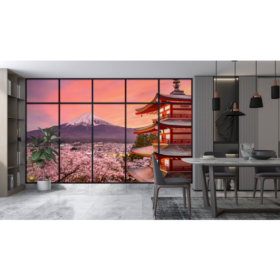 Optical Illusion Panoramic Window Wall Mural / Wallpaper - Japanese temple with view of Mount Fuji