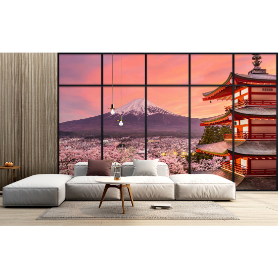 Optical Illusion Panoramic Window Wall Mural / Wallpaper - Japanese temple with view of Mount Fuji