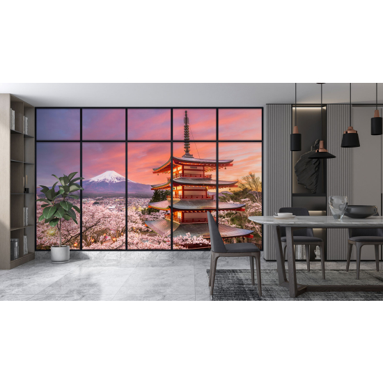 Optical Illusion Panoramic Window Wall Mural / Wallpaper - Japanese temple with view of Mount Fuji