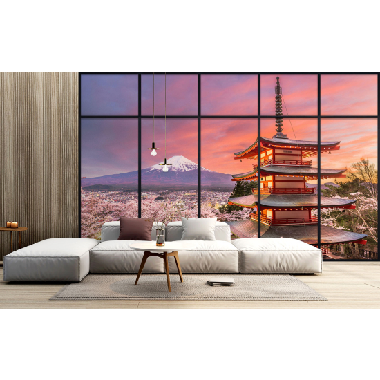 Optical Illusion Panoramic Window Wall Mural / Wallpaper - Japanese temple with view of Mount Fuji