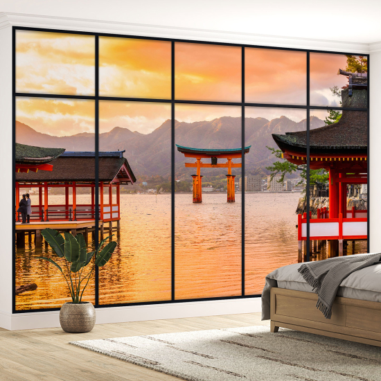 Optical Illusion Panoramic Window Wall Mural / Wallpaper - Japanese Temples