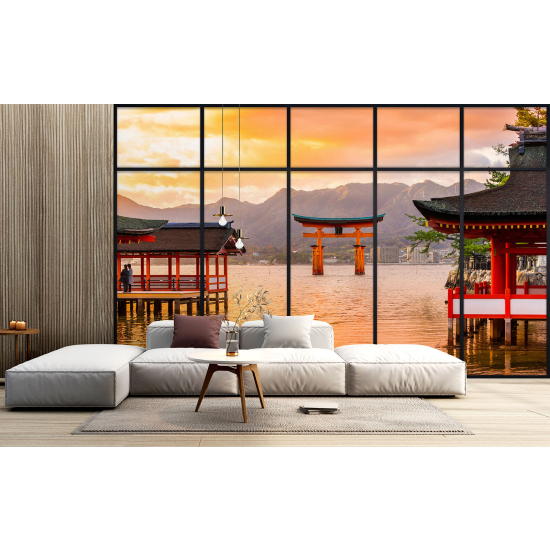 Optical Illusion Panoramic Window Wall Mural / Wallpaper - Japanese Temples