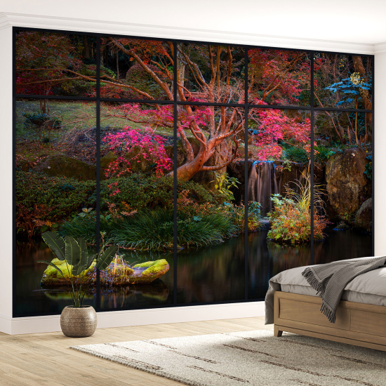 Optical Illusion Panoramic Window Wall Mural / Wallpaper - Lake and forest