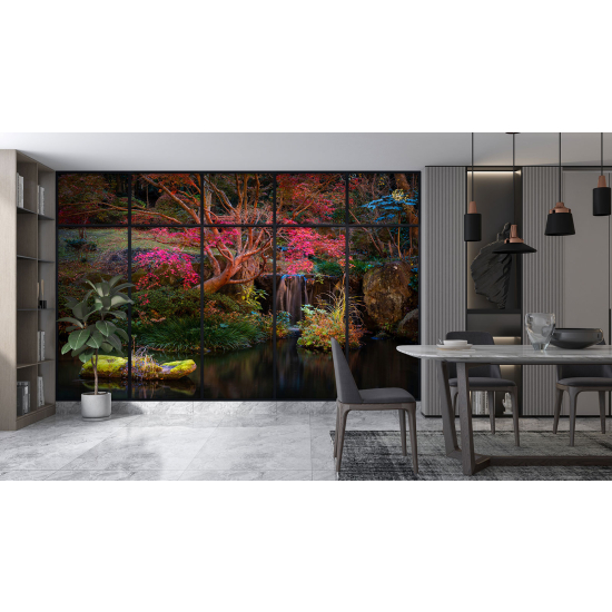 Optical Illusion Panoramic Window Wall Mural / Wallpaper - Lake and forest