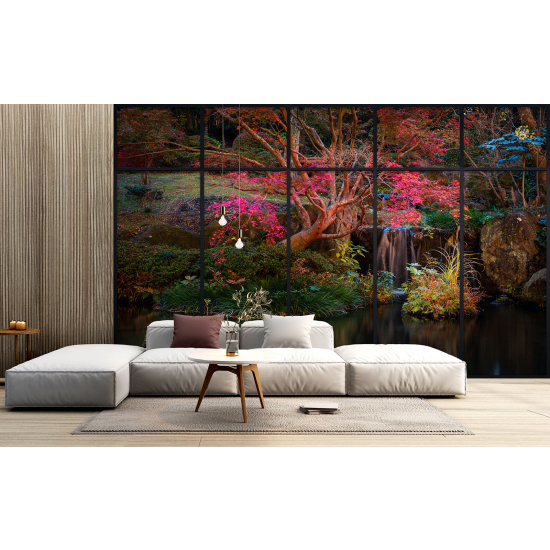 Optical Illusion Panoramic Window Wall Mural / Wallpaper - Lake and forest