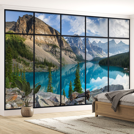 Optical Illusion Panoramic Window Wall Mural / Wallpaper - Lake and mountains