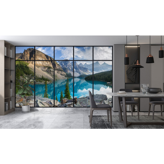 Optical Illusion Panoramic Window Wall Mural / Wallpaper - Lake and mountains