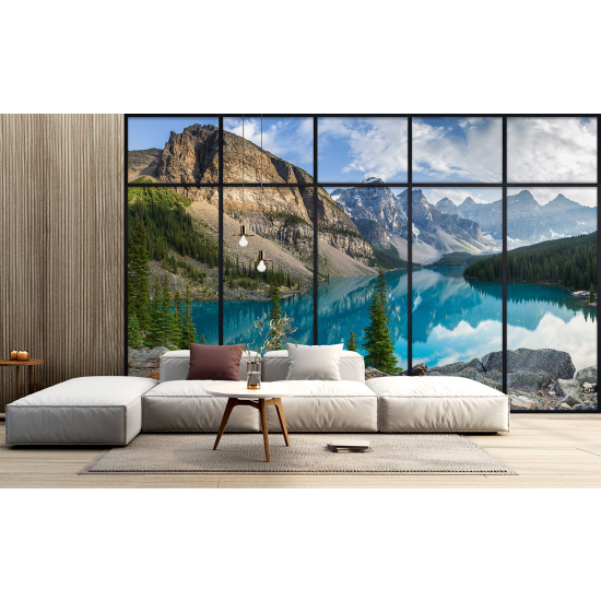 Optical Illusion Panoramic Window Wall Mural / Wallpaper - Lake and mountains