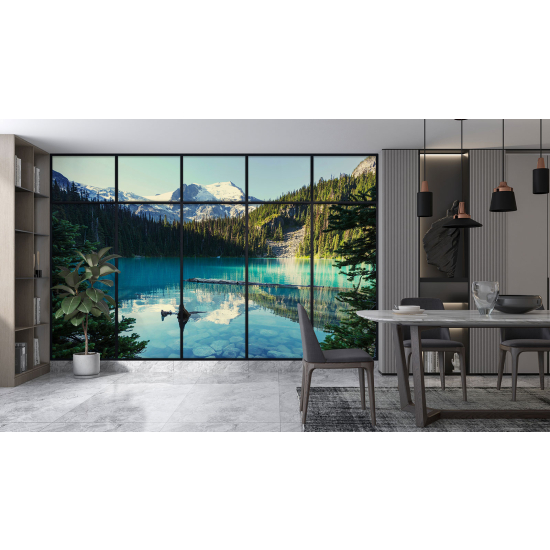 Optical Illusion Panoramic Window Wall Mural / Wallpaper - lake and mountains