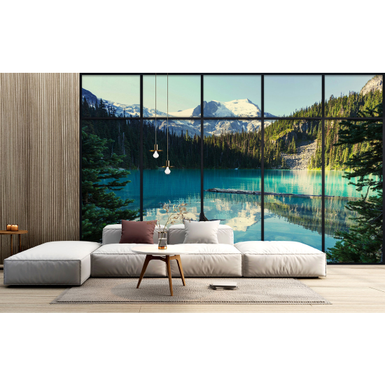 Optical Illusion Panoramic Window Wall Mural / Wallpaper - lake and mountains