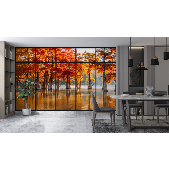 Optical Illusion Panoramic Window Wall Mural / Wallpaper - Lake and trees