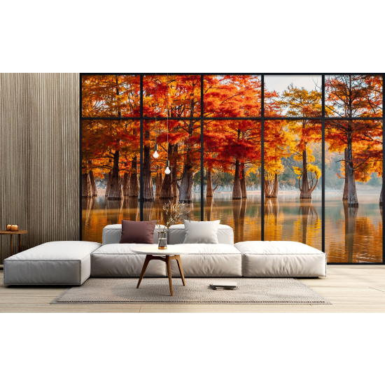 Optical Illusion Panoramic Window Wall Mural / Wallpaper - Lake and trees