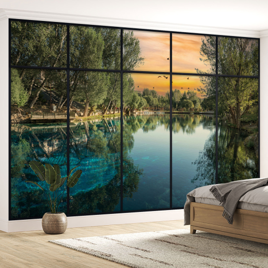 Optical Illusion Panoramic Window Wall Mural / Wallpaper - Lake and trees