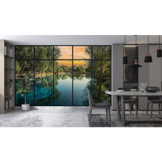 Optical Illusion Panoramic Window Wall Mural / Wallpaper - Lake and trees